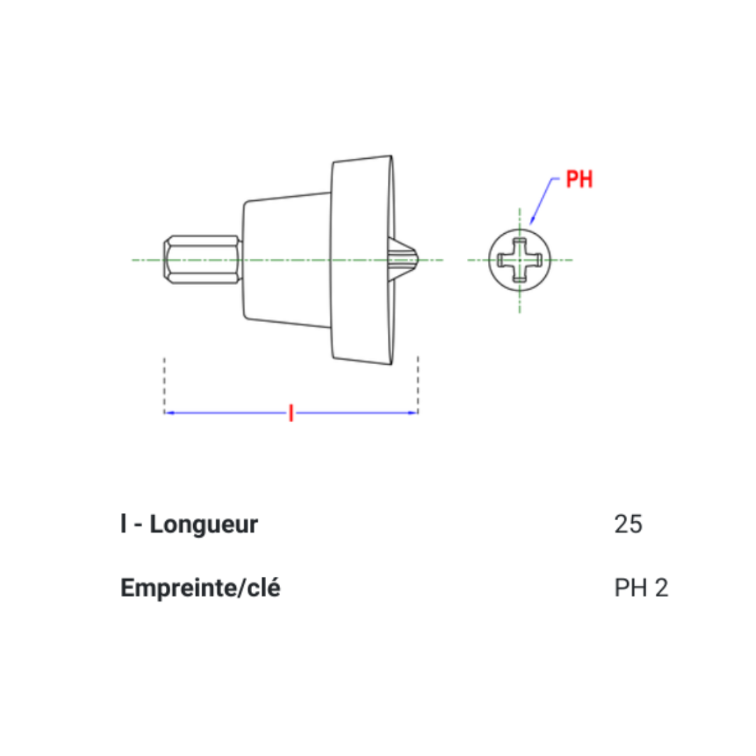 Embout de vissage avec butée - 1/4" 25 mm - PH2 (x 2 unités)