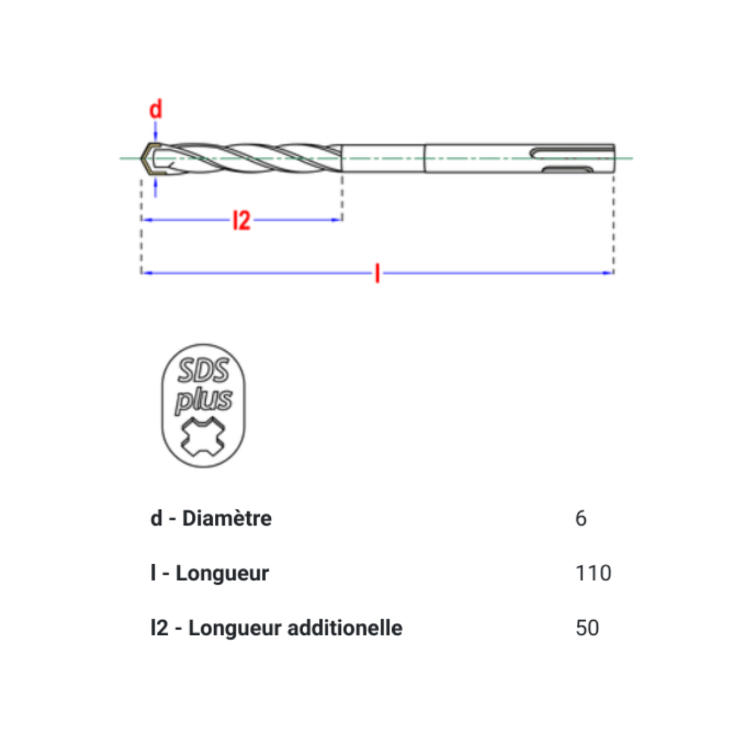 Foret béton SDS+ à 3 taillants  Ø6x110/50mm
